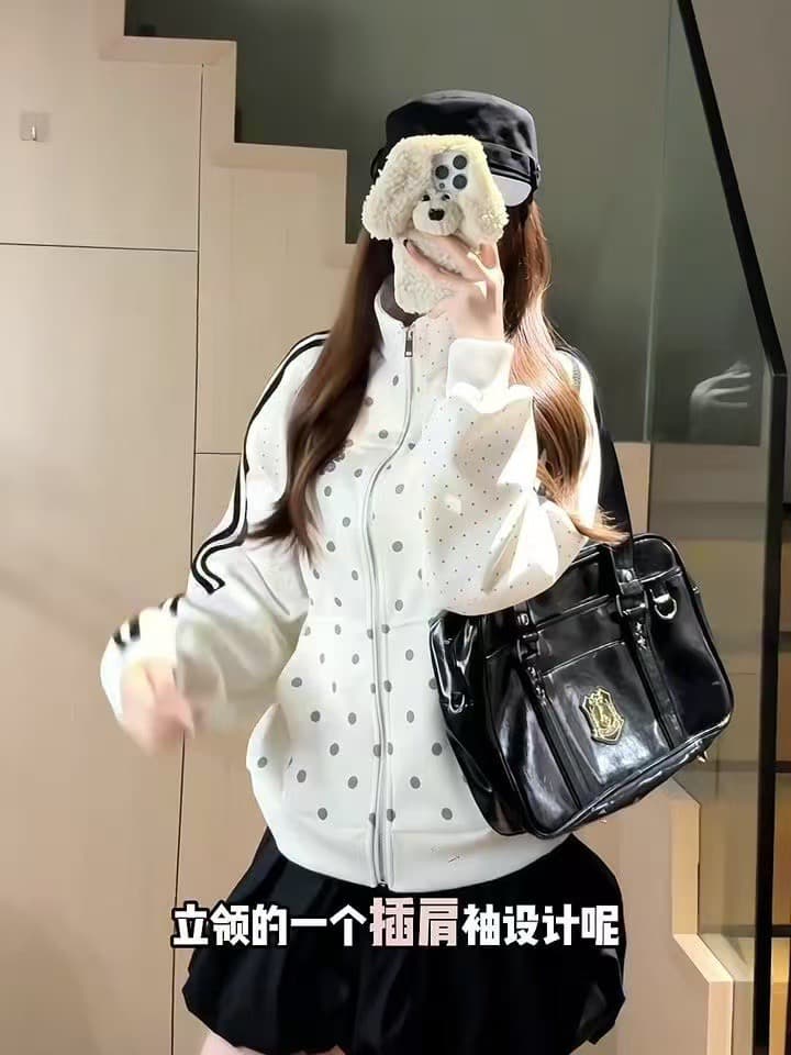후아 면 복합 한 부서 도트 무늬 2026 가을 오픈 가디건 여자 스탠드 칼라 루즈핏 맨위 재킷 이미지 4