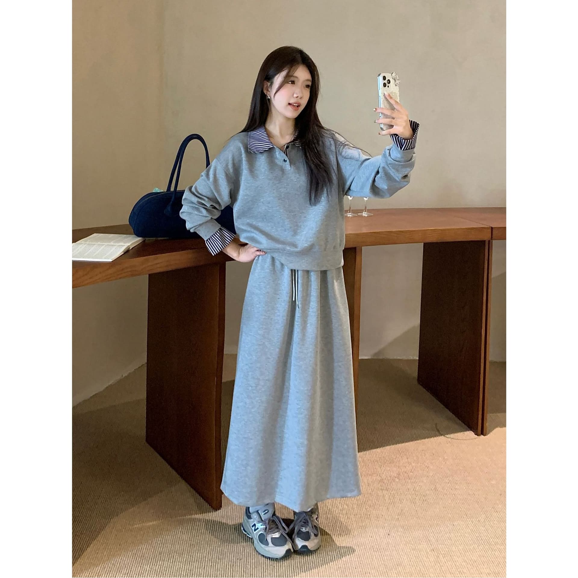 실사 한 부서 가을 chic 느긋한 바람 고급 다용도 페이크 레이어드 후드티 단색 반신 스커트 작은 대중 세트 여성