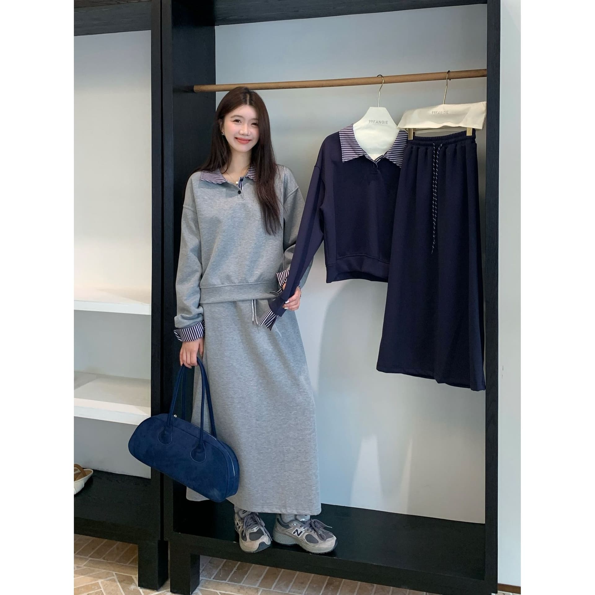 실사 한 부서 가을 chic 느긋한 바람 고급 다용도 페이크 레이어드 후드티 단색 반신 스커트 작은 대중 세트 여성 이미지 2