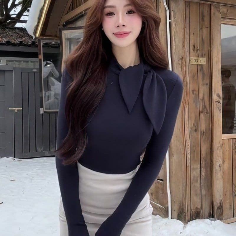 경관 그림 정가 모방 면 고급 센스 품격 레이스업 긴팔 맨위 기본 셔츠 봄 가을 몸매 가꾸기 슬림해 보이는 티셔츠 여성 이미지 5