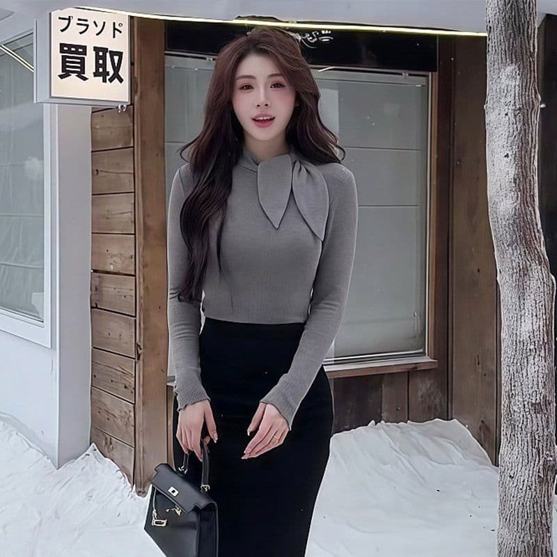 경관 그림 정가 모방 면 고급 센스 품격 레이스업 긴팔 맨위 기본 셔츠 봄 가을 몸매 가꾸기 슬림해 보이는 티셔츠 여성 상세 이미지 2