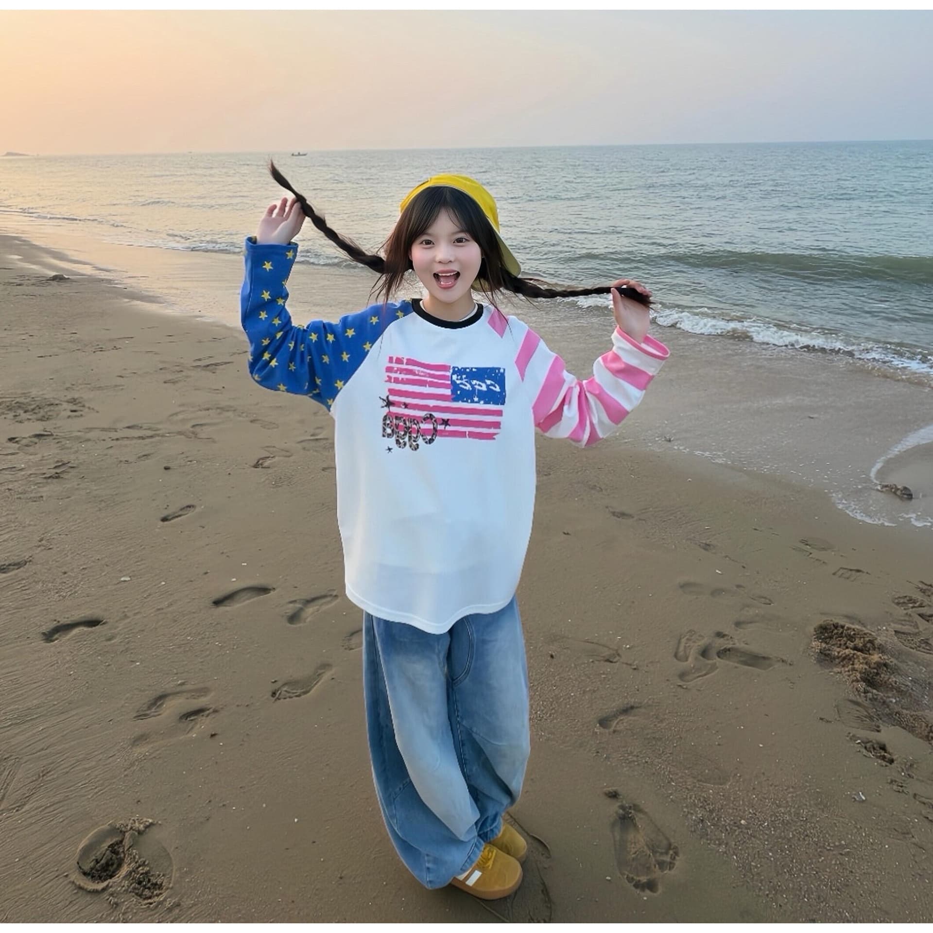 아메리칸 조수 브랜드 배색 별 스트라이프 삽입 어깨 긴팔 티셔츠 여성 봄 루즈핏 다용도 디자인 센스 작은 대중 맨위 이미지 2