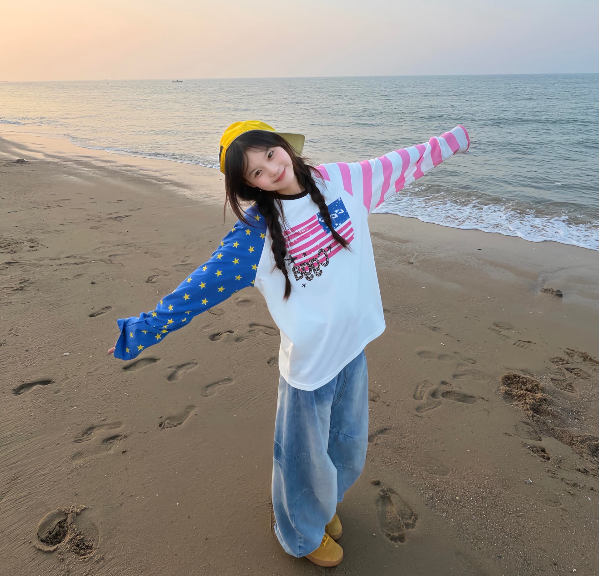 아메리칸 조수 브랜드 배색 별 스트라이프 삽입 어깨 긴팔 티셔츠 여성 봄 루즈핏 다용도 디자인 센스 작은 대중 맨위 이미지 4