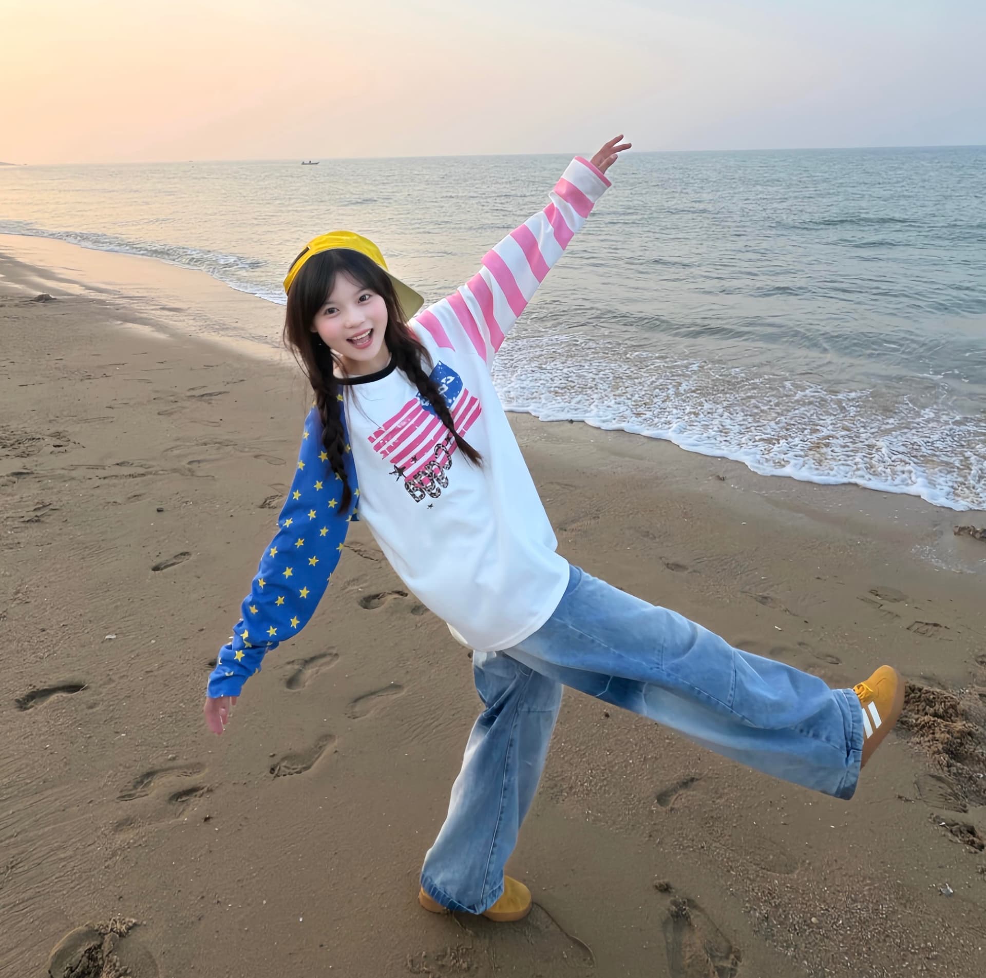 아메리칸 조수 브랜드 배색 별 스트라이프 삽입 어깨 긴팔 티셔츠 여성 봄 루즈핏 다용도 디자인 센스 작은 대중 맨위 상세 이미지 9