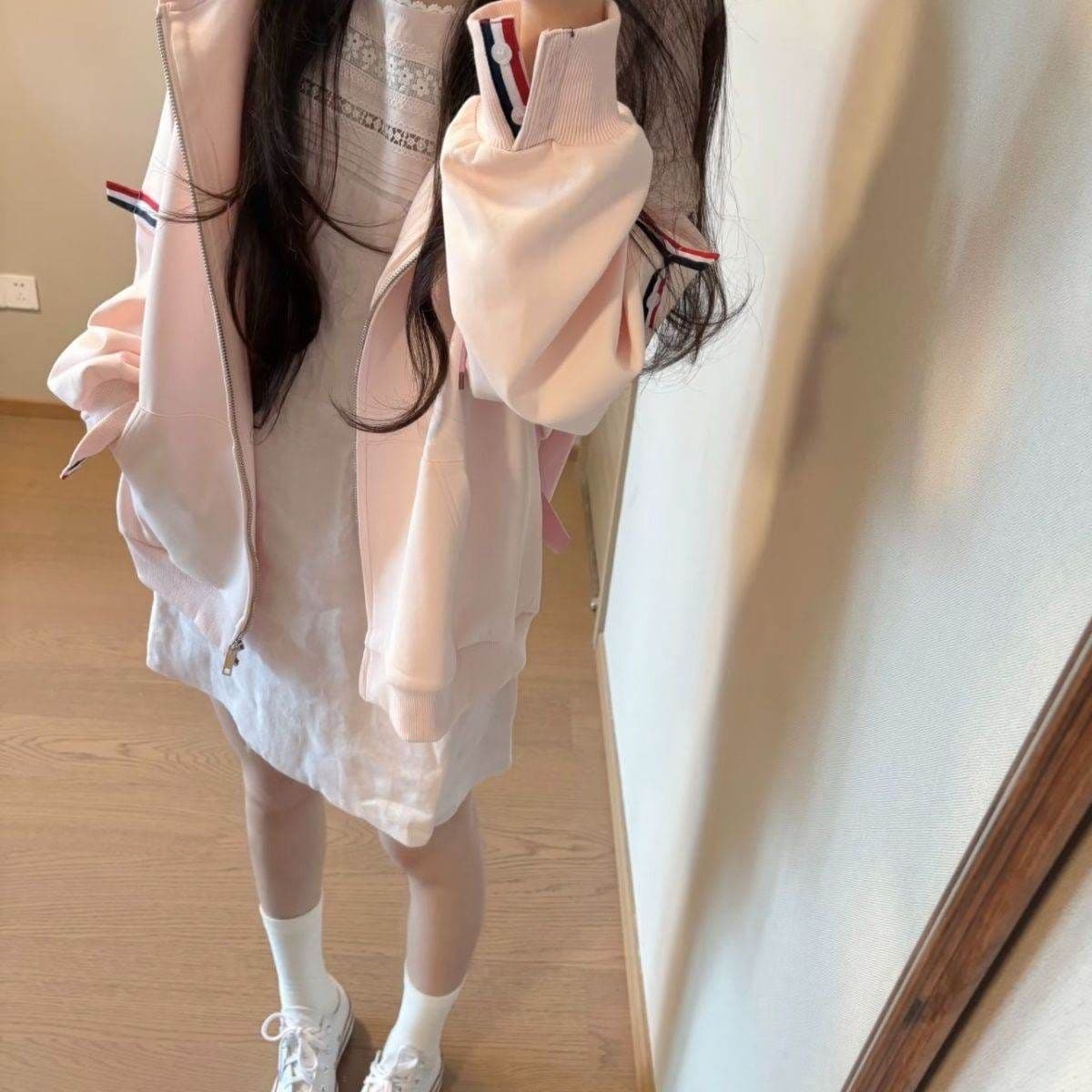 후아 면 복합 2026 삼색 스트라이프 후드 오픈 가디건 후드티 여성 봄 가을 루즈핏 지퍼 재킷 상세 이미지 4