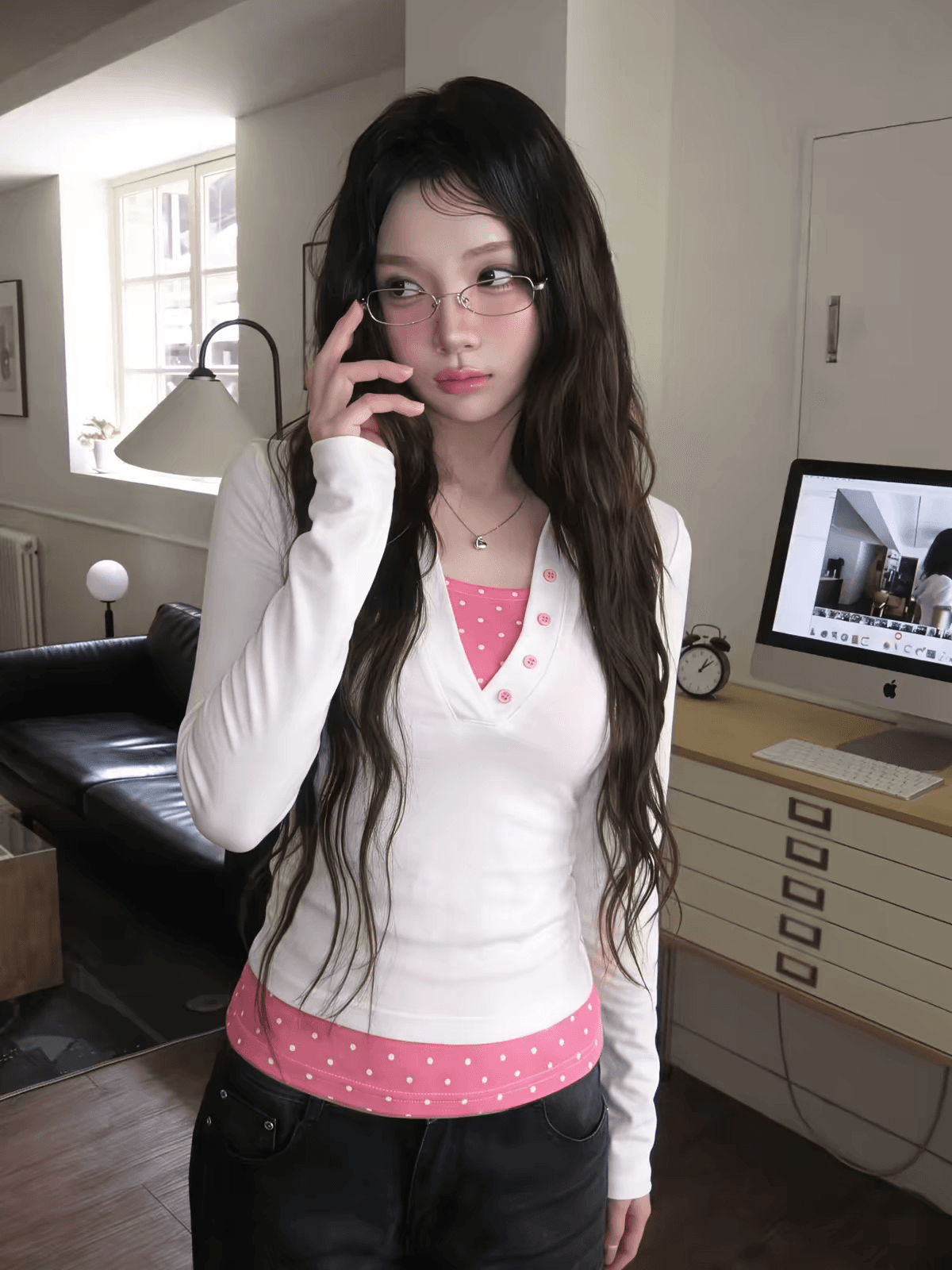 40 면 1 1 오스트리아 세대 서울 220 그램 아메리칸 핫걸 배색 도트 무늬 페이크 레이어드 새로운 디자인 긴팔 맨위 여성 상세 이미지 4