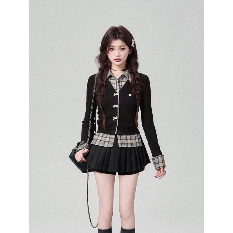 광저우 원단 한 부서 페이크 레이어드 체크무늬 패치워크 셔츠 가을 겨울 나비 매듭 인사이드 가져 가라. 만나는 맨위 상세 이미지 4