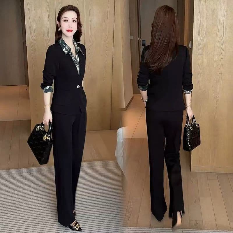 페이크 레이어드 패션 세트 여성 봄 가을 새로운 프린트 POLO 칼라 긴팔 블레이저 품격 착용 가져 가라. 전체 집합 이미지 2