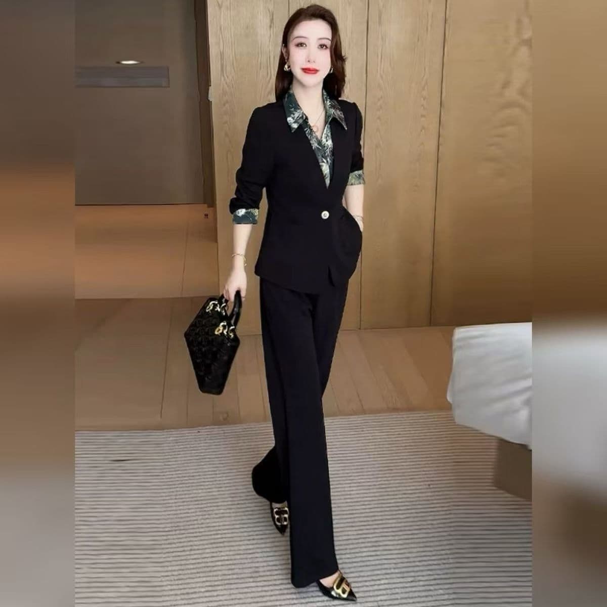 페이크 레이어드 패션 세트 여성 봄 가을 새로운 프린트 POLO 칼라 긴팔 블레이저 품격 착용 가져 가라. 전체 집합 이미지 3