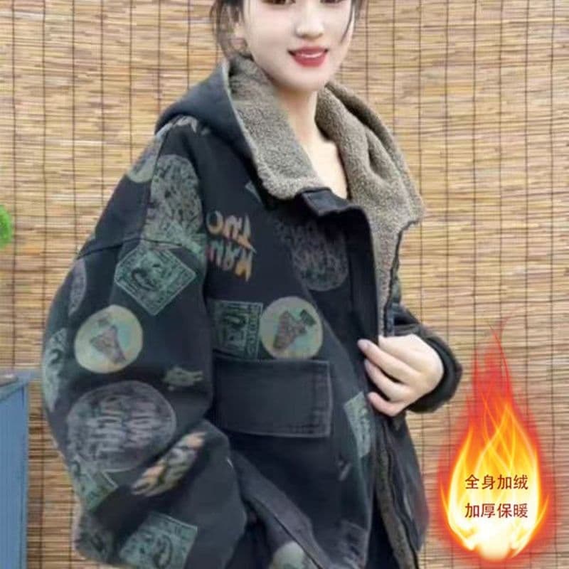 2026 겨울 새로운 털이 있고 두꺼운 체크무늬 프린트 후드 면 의류 캐주얼 다용도 외국 가스 연령 감소 여성 코트 이미지 3