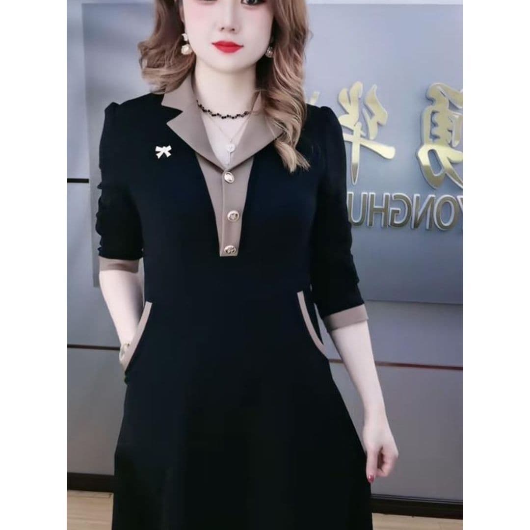 80-200 근 가을 새로운 패션 한국 스타일 표지 배 슬림해 보이는 패치워크 중간 길이 드레스 A라인 스커트 상세 이미지 2