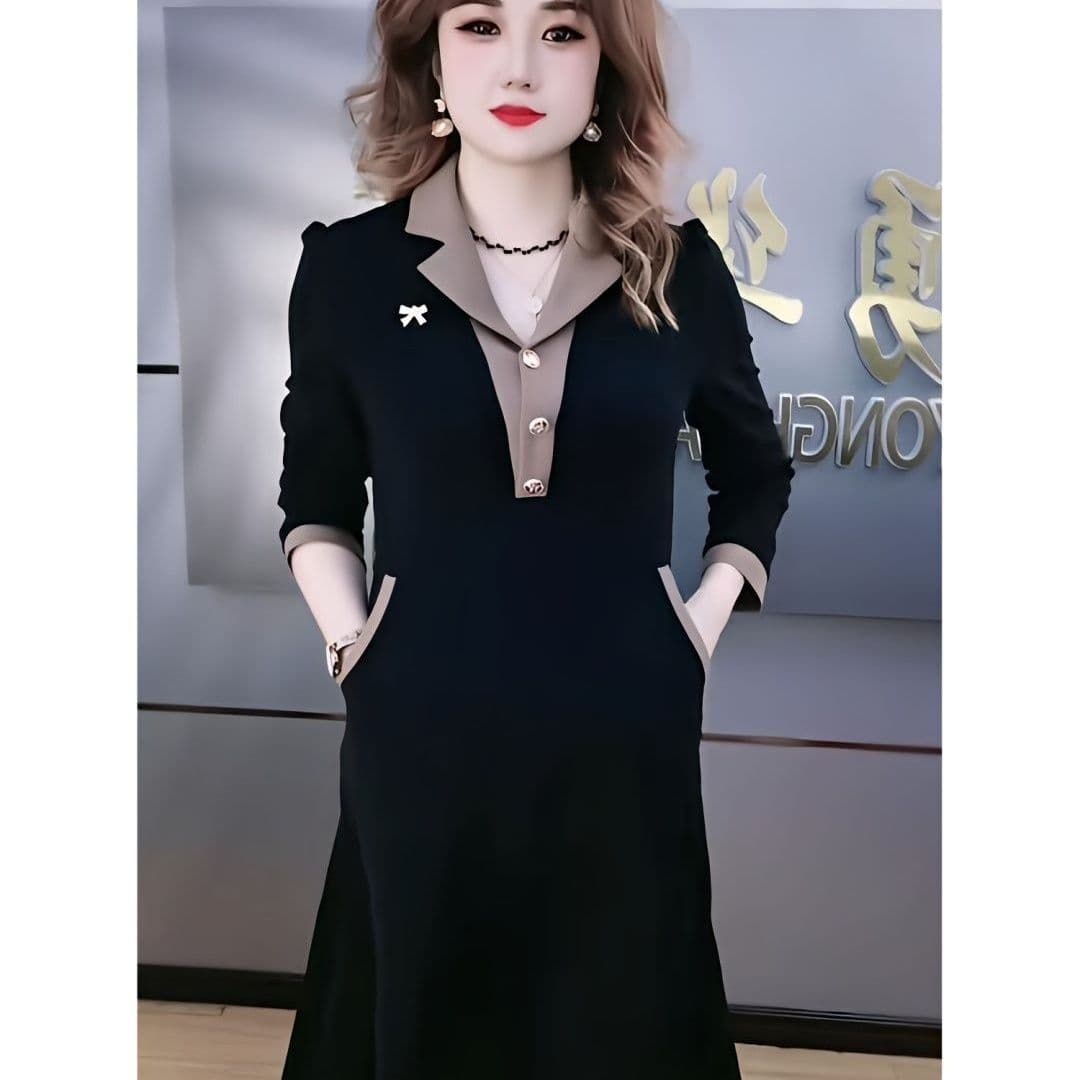 80-200 근 가을 새로운 패션 한국 스타일 표지 배 슬림해 보이는 패치워크 중간 길이 드레스 A라인 스커트 상세 이미지 4