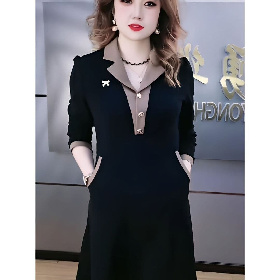 80-200 근 가을 새로운 패션 한국 스타일 표지 배 슬림해 보이는 패치워크 중간 길이 드레스 A라인 스커트 상세 이미지 5