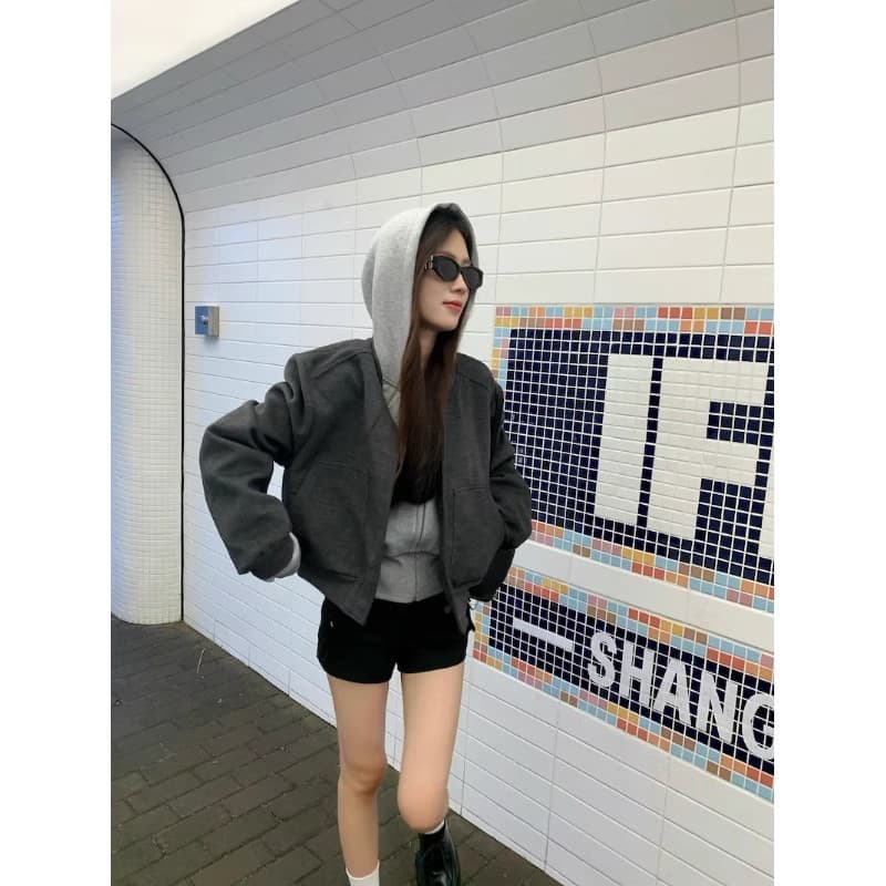 레트로 후드 패치워크 쇼트 스타일 재킷 여성 코트 초기 가을 착용 가져 가라. 고급 센스 루즈핏 캐주얼 야구 유니폼 맨위 상세 이미지 6