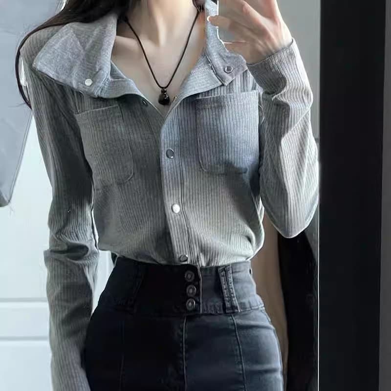 2026 가을 핫걸 회색 질감 긴팔 셔츠 홍콩 느낌 레트로 캐주얼 느긋한 센스 몸매 가꾸기 니트 오픈 가디건