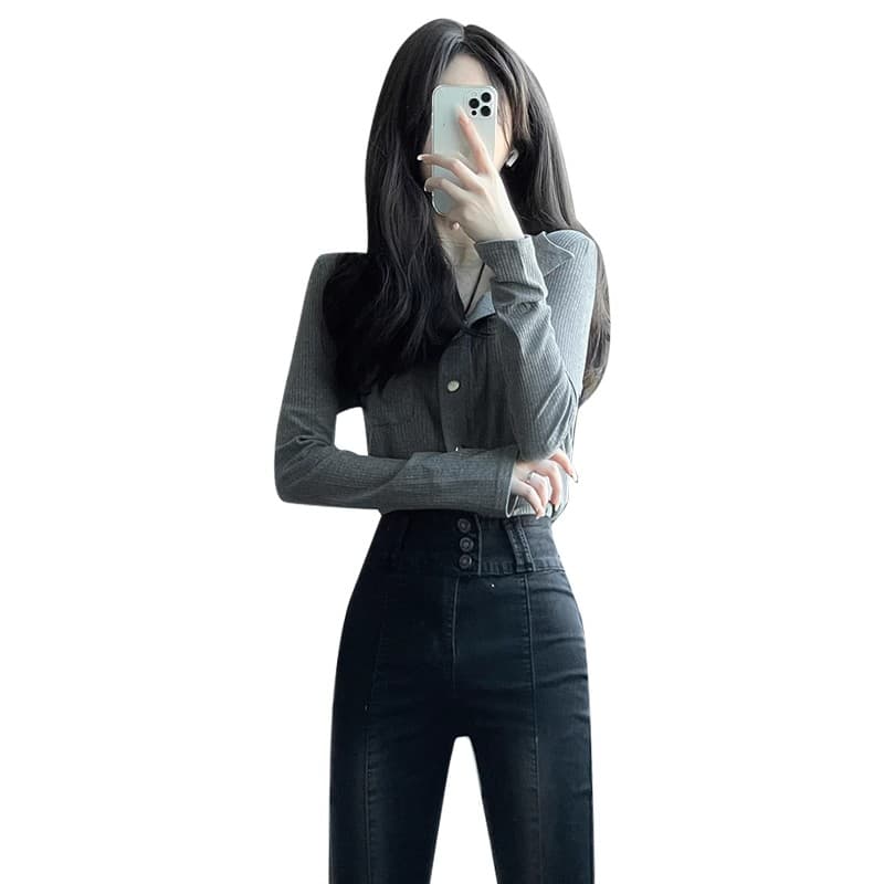 2026 가을 핫걸 회색 질감 긴팔 셔츠 홍콩 느낌 레트로 캐주얼 느긋한 센스 몸매 가꾸기 니트 오픈 가디건 이미지 2