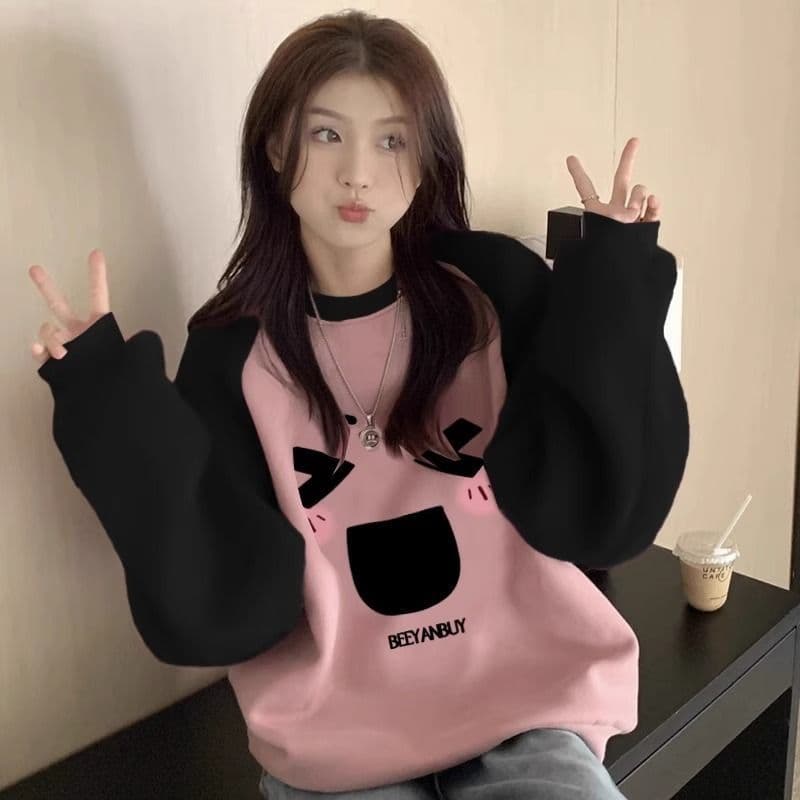 한국 스타일 핑크색 달콤함 삽입 어깨 소매 후드티 여성 봄 귀여운 연령 감소 페이크 레이어드 패치워크 색상 맨위