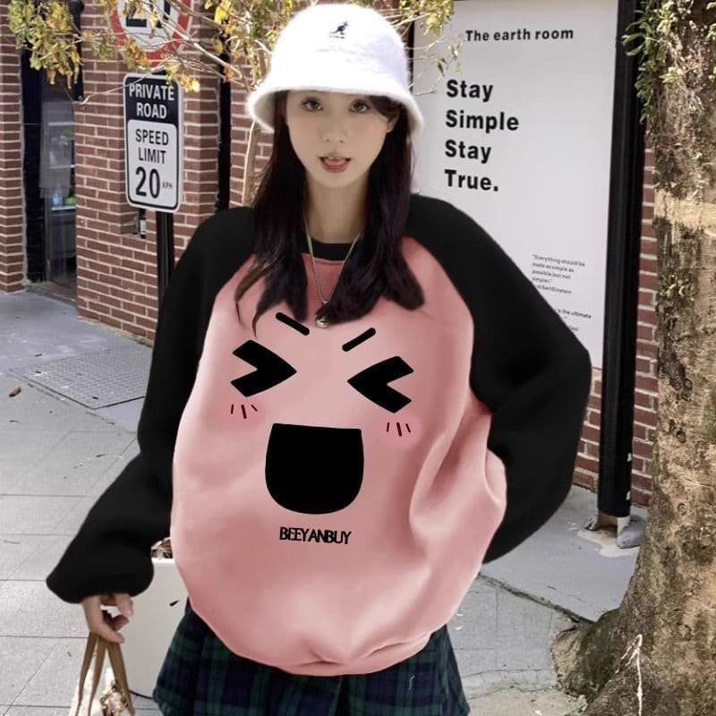 한국 스타일 핑크색 달콤함 삽입 어깨 소매 후드티 여성 봄 귀여운 연령 감소 페이크 레이어드 패치워크 색상 맨위 이미지 5