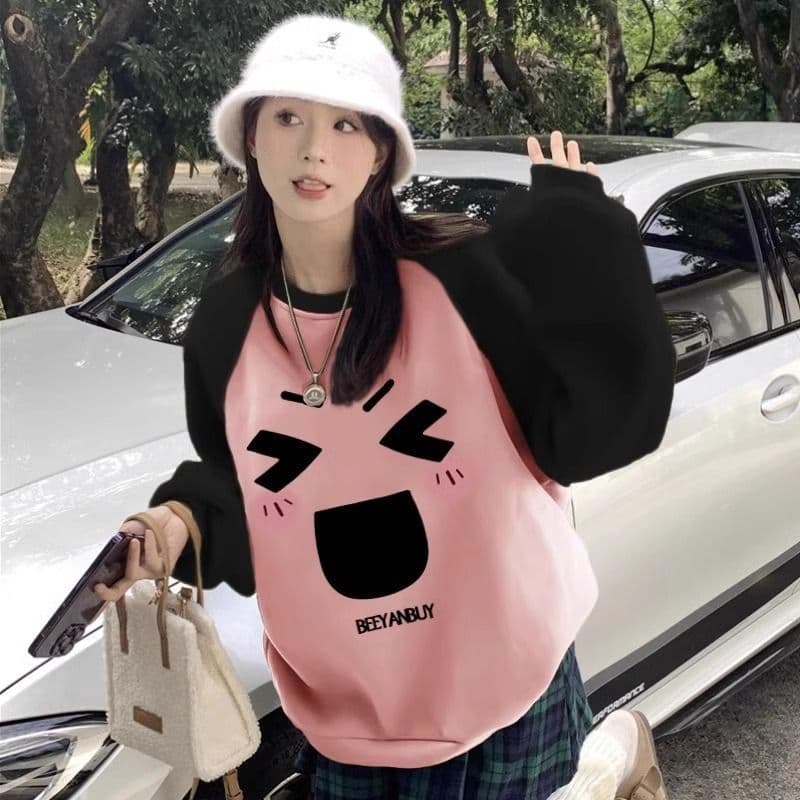 한국 스타일 핑크색 달콤함 삽입 어깨 소매 후드티 여성 봄 귀여운 연령 감소 페이크 레이어드 패치워크 색상 맨위 이미지 4