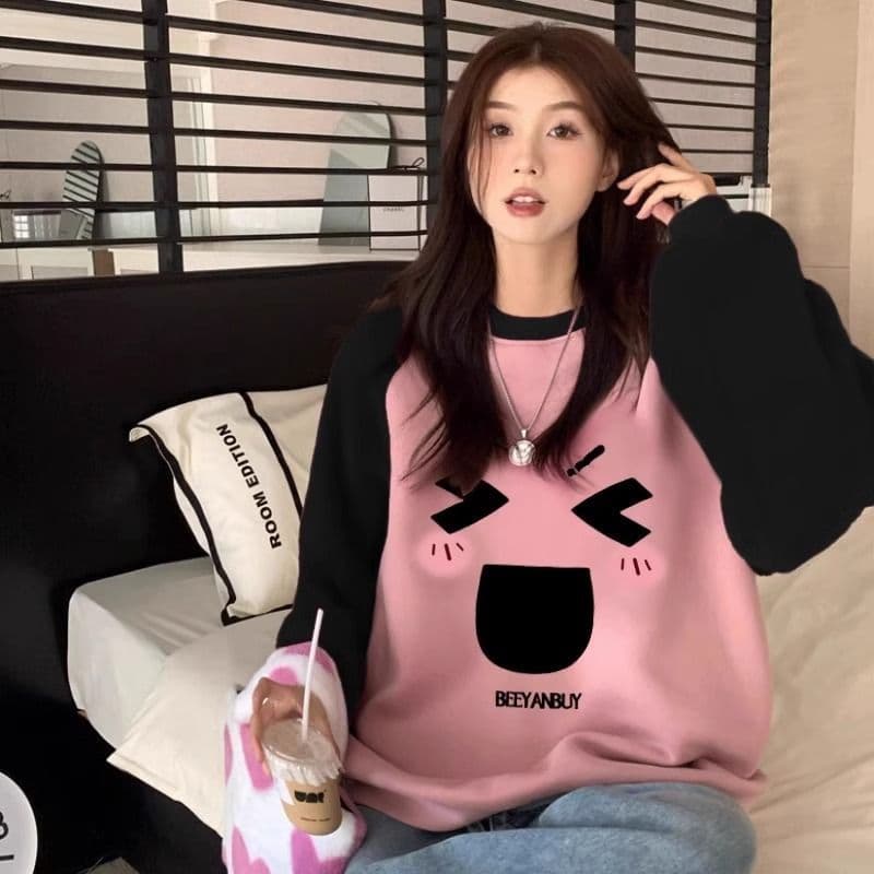 한국 스타일 핑크색 달콤함 삽입 어깨 소매 후드티 여성 봄 귀여운 연령 감소 페이크 레이어드 패치워크 색상 맨위 상세 이미지 4