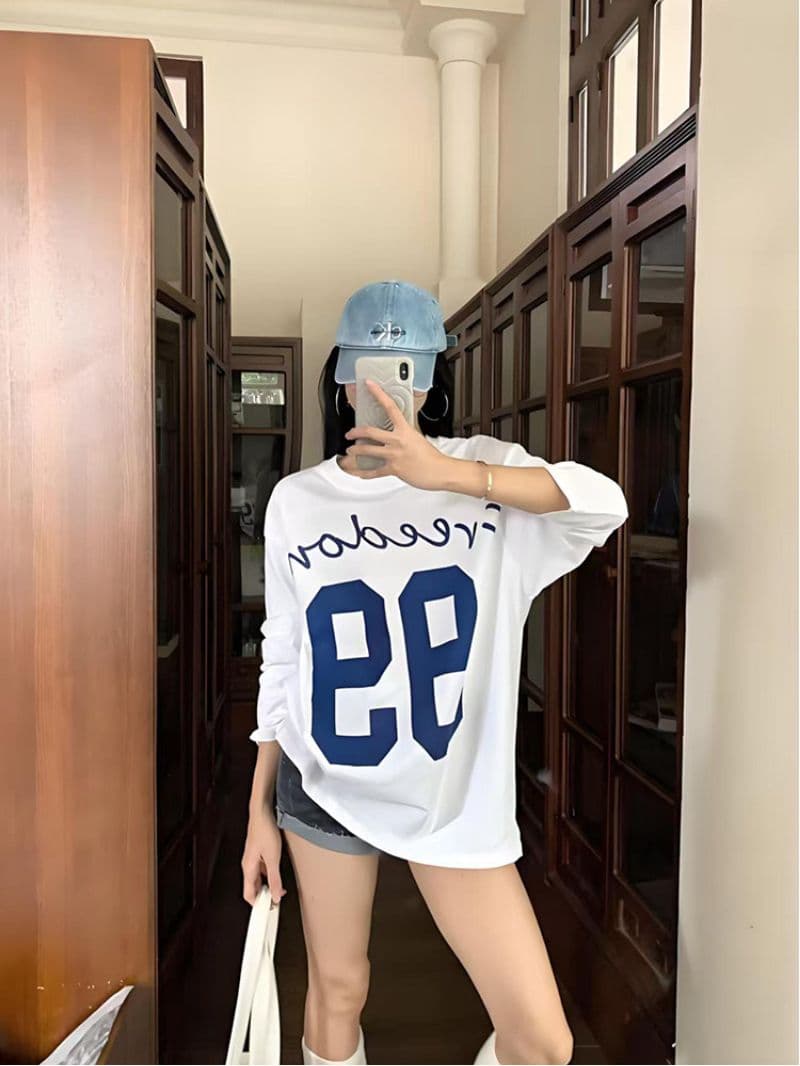 순면 210 그램 빗질하다 정밀 프린트 가을 루즈핏 긴팔 티셔츠 여성 상세 이미지 1