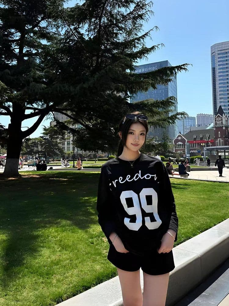 순면 210 그램 빗질하다 정밀 프린트 가을 루즈핏 긴팔 티셔츠 여성 상세 이미지 3