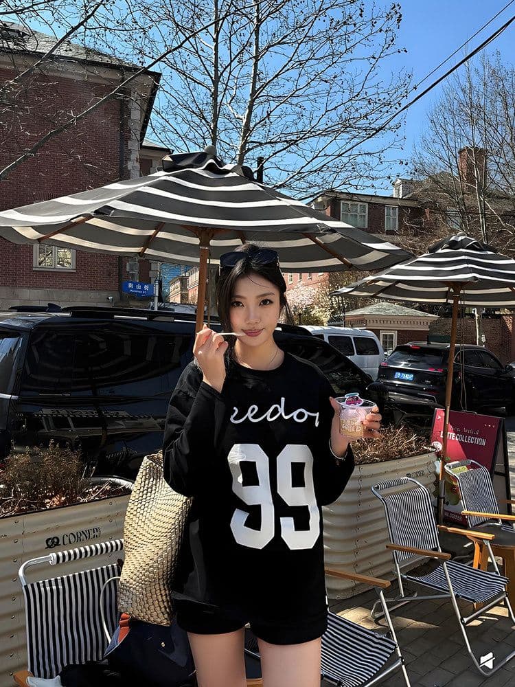 순면 210 그램 빗질하다 정밀 프린트 가을 루즈핏 긴팔 티셔츠 여성 상세 이미지 5