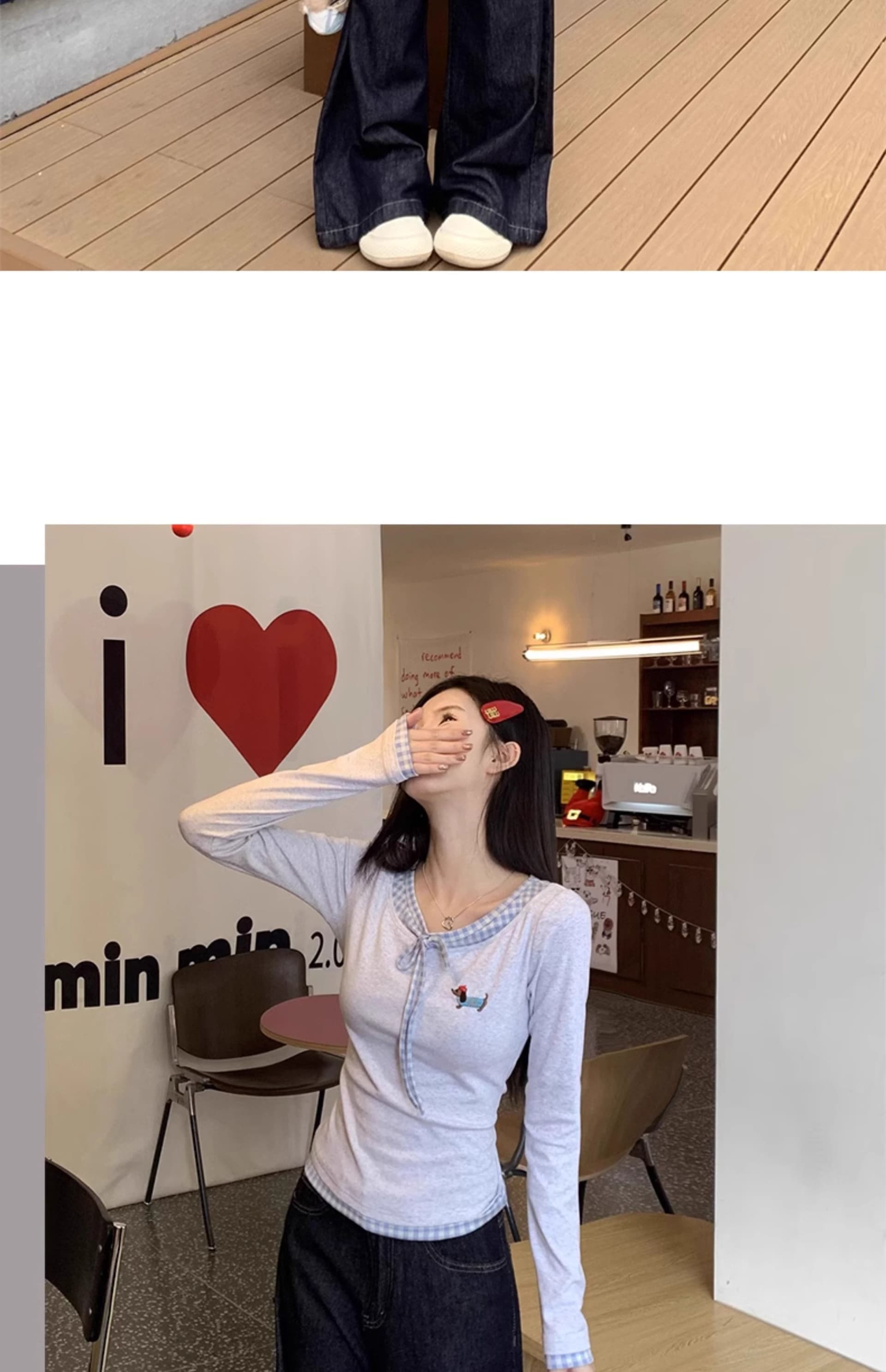 모 Da 서울 페이크 레이어드 긴팔 티셔츠 여성 가을 체크무늬 패치워크 몸매 가꾸기 슬림해 보이는 쇼트 스타일 맨위 상세 이미지 4