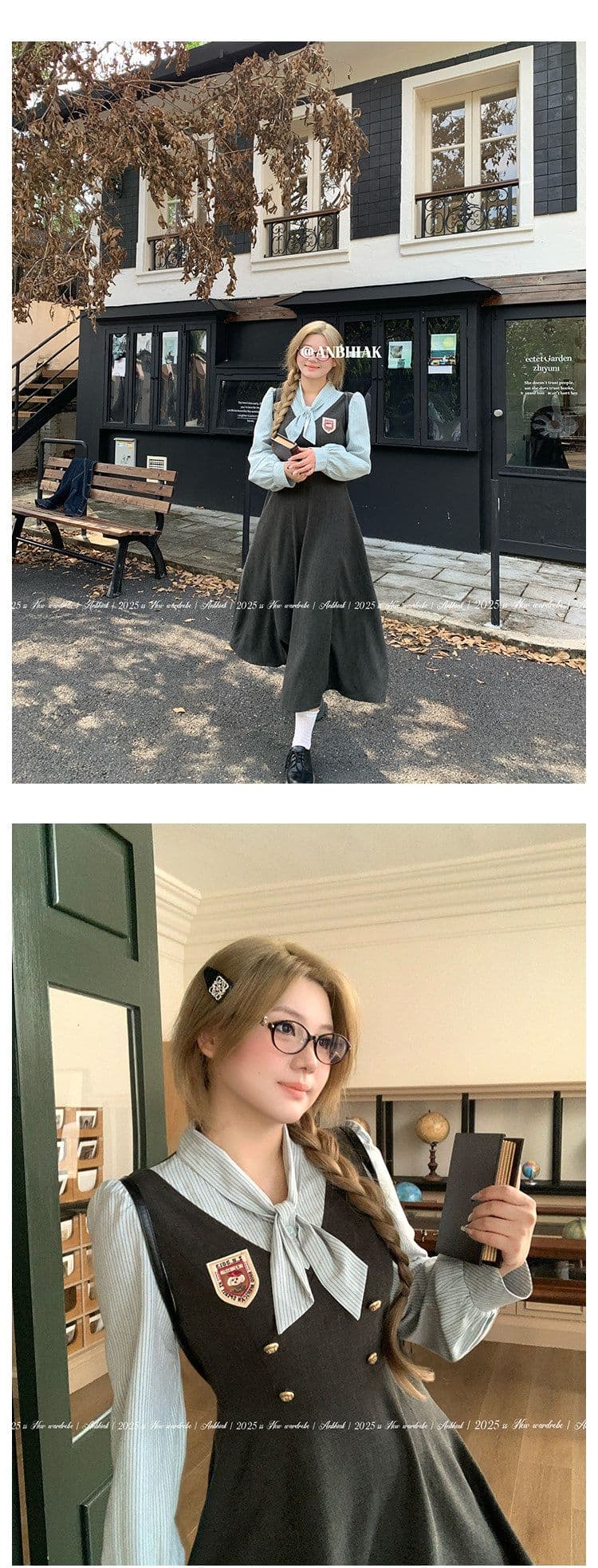 애니 아니요 화재 학원 스타일 스트라이프 패치워크 여성 드레스 가을 마이크로 지방 빅 사이즈 페이크 레이어드 치마 상세 이미지 4