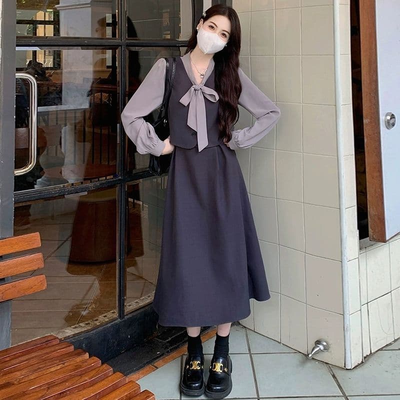 레이스업 나비 매듭 페이크 레이어드 여성 드레스 봄 가을 빅 사이즈 지방 mm 프랑스식 고급 센스 품격 허리 수축 중간 길이 스커트 상세 이미지 2