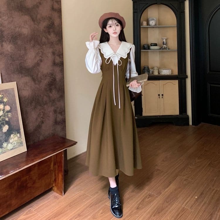 이른 가을 새로운 빅 사이즈 프랑스식 페이크 레이어드 베이비 칼라 여성 드레스 지방 mm 허리 수축 슬림해 보이는 레트로 품격 길다 이미지 3