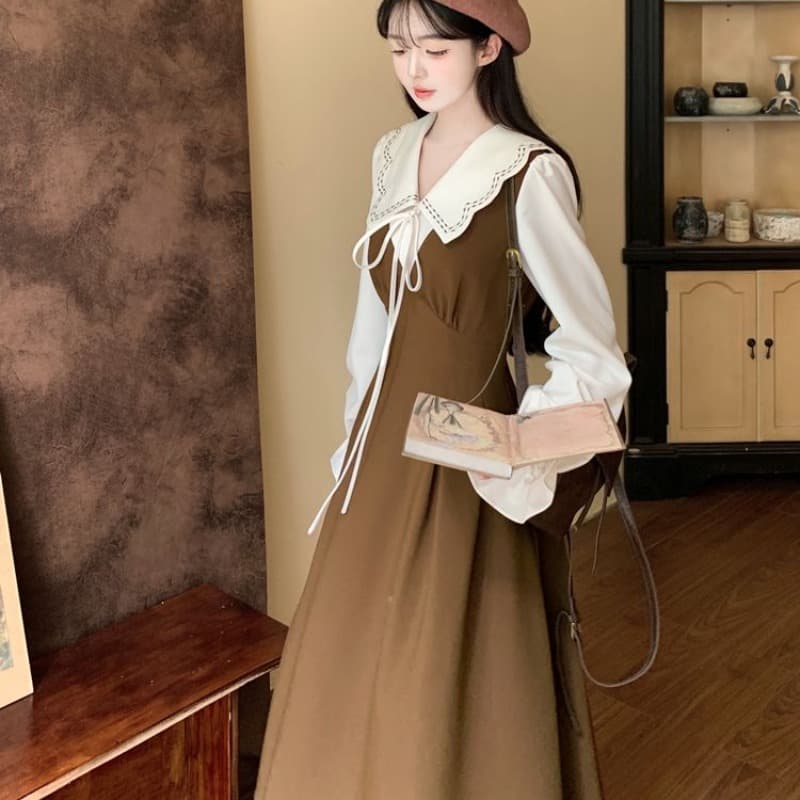 이른 가을 새로운 빅 사이즈 프랑스식 페이크 레이어드 베이비 칼라 여성 드레스 지방 mm 허리 수축 슬림해 보이는 레트로 품격 길다 이미지 5