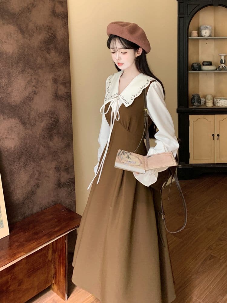 이른 가을 새로운 빅 사이즈 프랑스식 페이크 레이어드 베이비 칼라 여성 드레스 지방 mm 허리 수축 슬림해 보이는 레트로 품격 길다 상세 이미지 5
