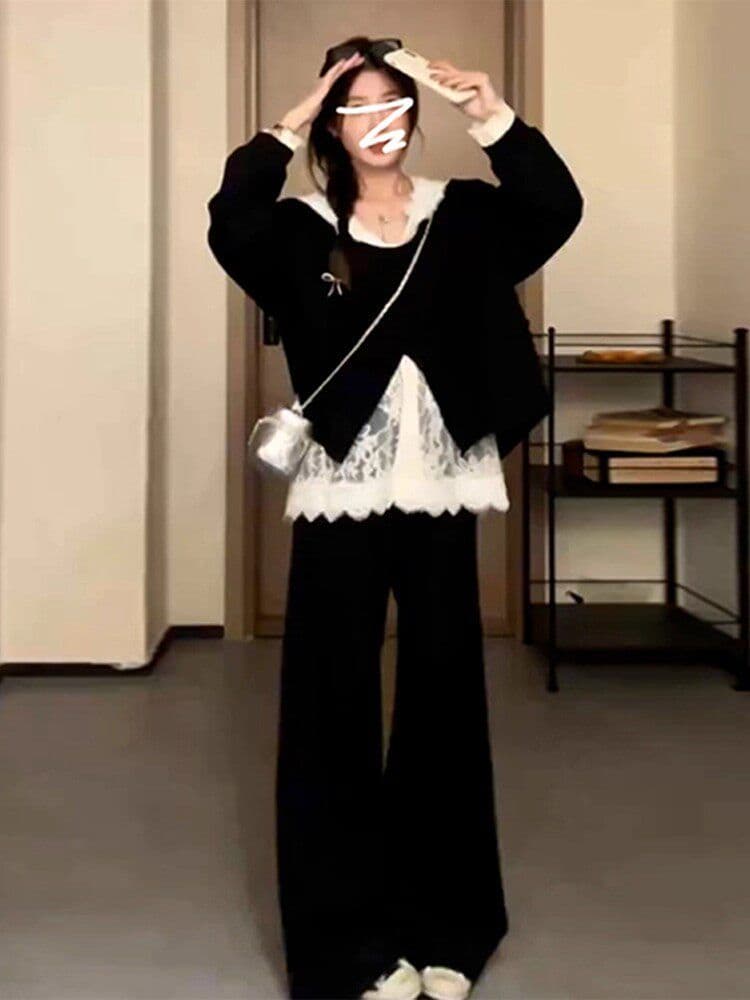 검정색 작은 키 여성 의류 조기 봄 2026 새로운 슈퍼 화재 3종 세트 캐주얼 한 부서 고급 센스 착용 가져 가라. 세트 상세 이미지 4