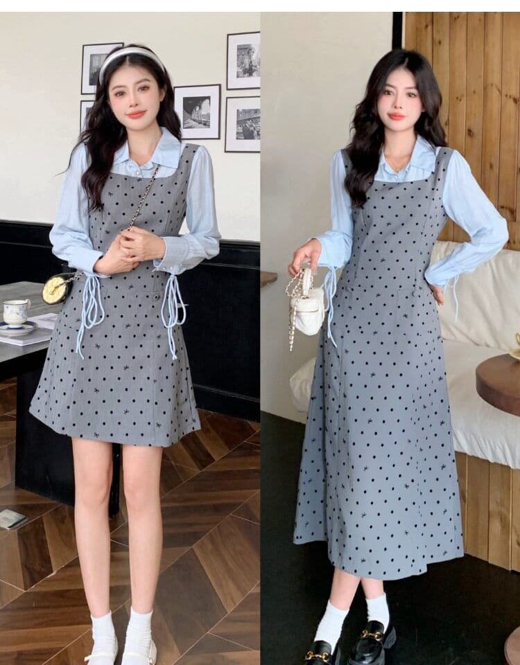빅 사이즈 마이크로 지방 페이크 레이어드 도트 무늬 여성 드레스 봄 새로운 긴팔 조끼 스커트 지방 mm 표지 배 슬림해 보이는 치마