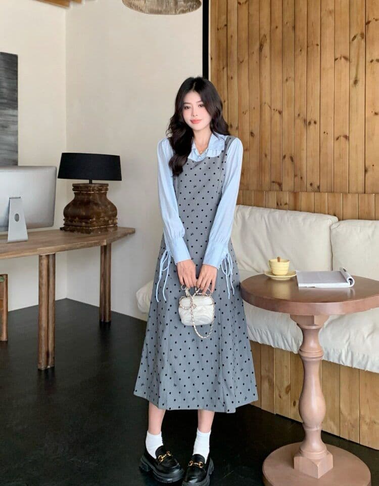 빅 사이즈 마이크로 지방 페이크 레이어드 도트 무늬 여성 드레스 봄 새로운 긴팔 조끼 스커트 지방 mm 표지 배 슬림해 보이는 치마 이미지 2
