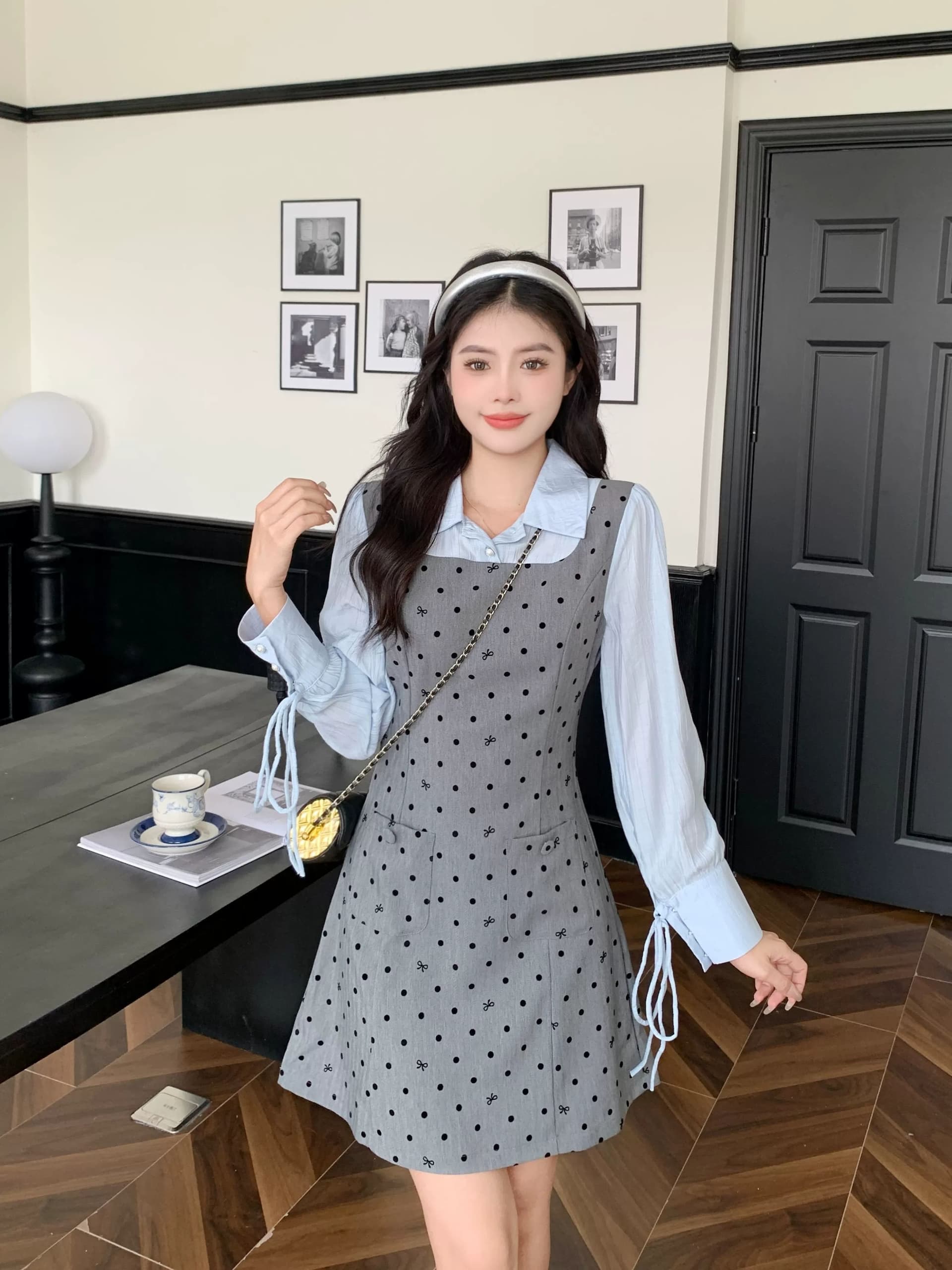 빅 사이즈 마이크로 지방 페이크 레이어드 도트 무늬 여성 드레스 봄 새로운 긴팔 조끼 스커트 지방 mm 표지 배 슬림해 보이는 치마 이미지 4