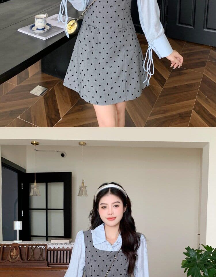 빅 사이즈 마이크로 지방 페이크 레이어드 도트 무늬 여성 드레스 봄 새로운 긴팔 조끼 스커트 지방 mm 표지 배 슬림해 보이는 치마 상세 이미지 3
