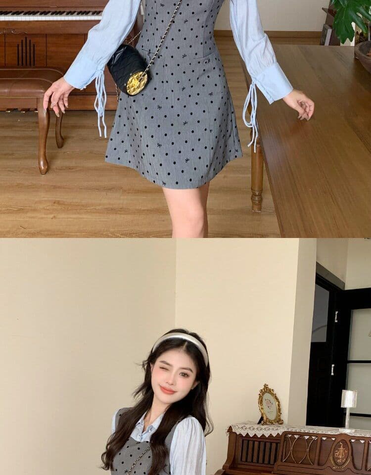 빅 사이즈 마이크로 지방 페이크 레이어드 도트 무늬 여성 드레스 봄 새로운 긴팔 조끼 스커트 지방 mm 표지 배 슬림해 보이는 치마 상세 이미지 4
