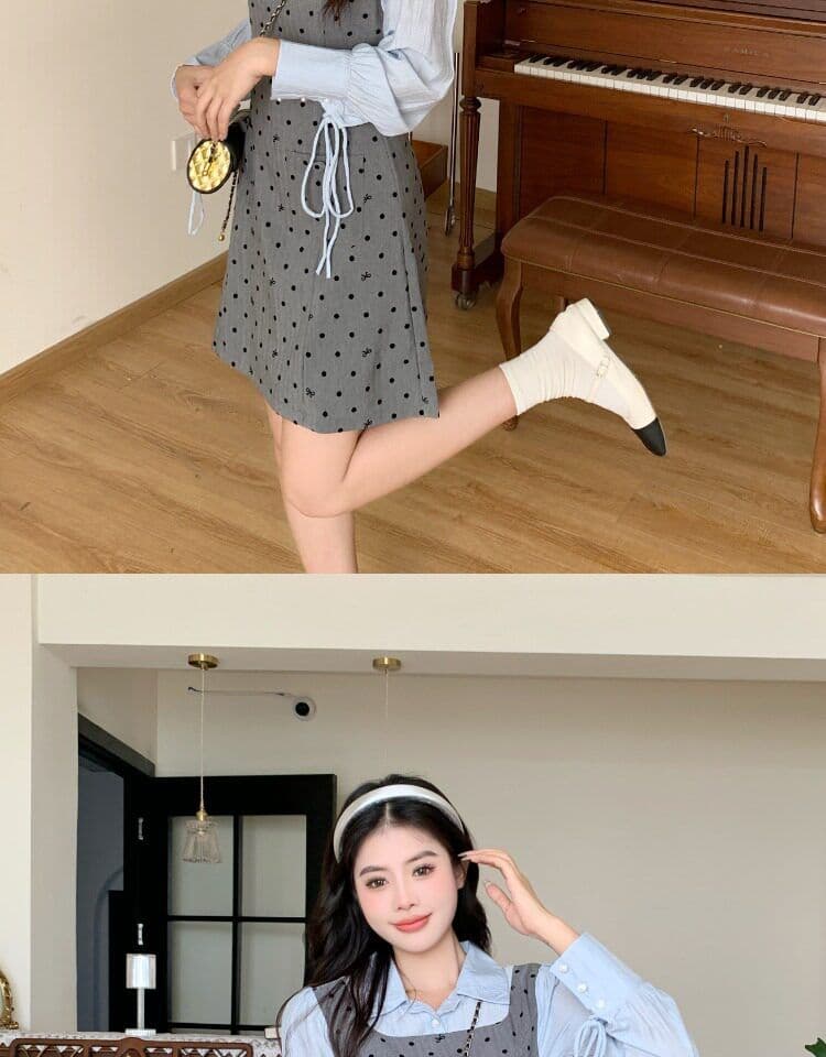 빅 사이즈 마이크로 지방 페이크 레이어드 도트 무늬 여성 드레스 봄 새로운 긴팔 조끼 스커트 지방 mm 표지 배 슬림해 보이는 치마 상세 이미지 5