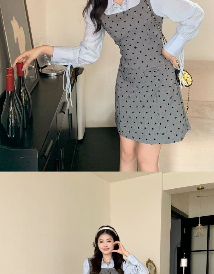 빅 사이즈 마이크로 지방 페이크 레이어드 도트 무늬 여성 드레스 봄 새로운 긴팔 조끼 스커트 지방 mm 표지 배 슬림해 보이는 치마 상세 이미지 7
