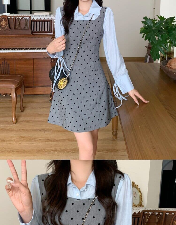 빅 사이즈 마이크로 지방 페이크 레이어드 도트 무늬 여성 드레스 봄 새로운 긴팔 조끼 스커트 지방 mm 표지 배 슬림해 보이는 치마 상세 이미지 9