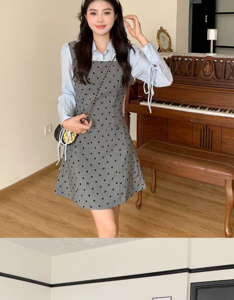 빅 사이즈 마이크로 지방 페이크 레이어드 도트 무늬 여성 드레스 봄 새로운 긴팔 조끼 스커트 지방 mm 표지 배 슬림해 보이는 치마 상세 이미지 11