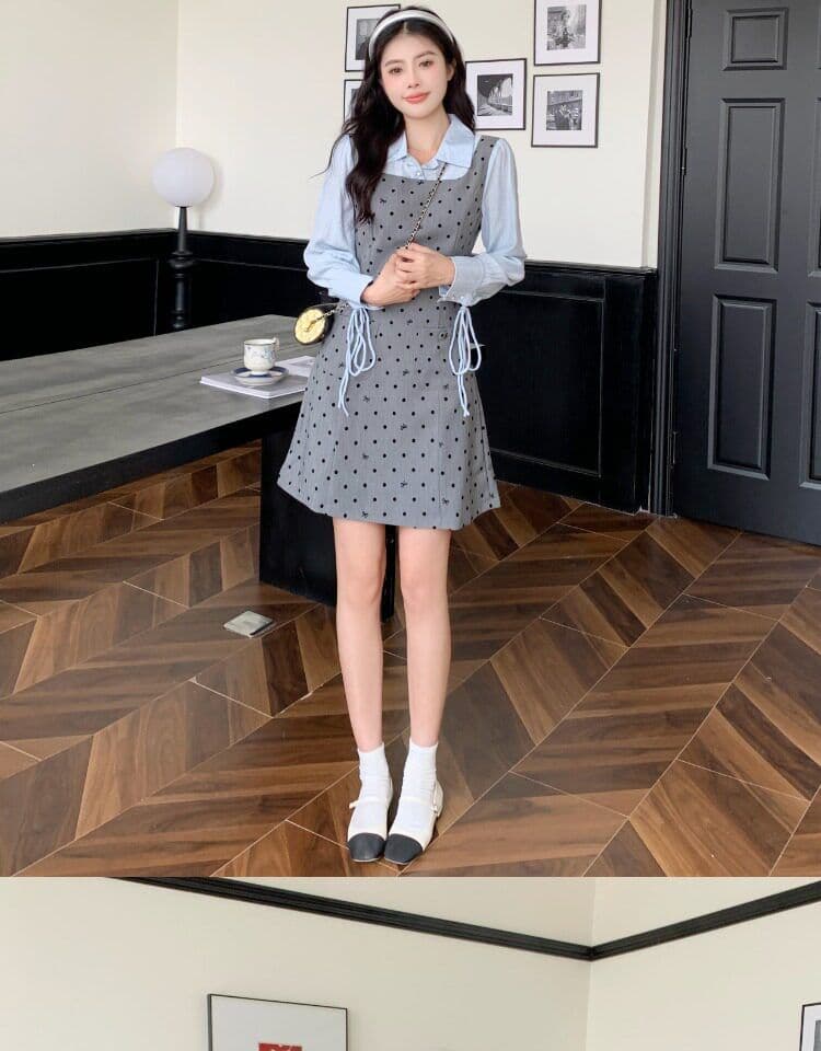 빅 사이즈 마이크로 지방 페이크 레이어드 도트 무늬 여성 드레스 봄 새로운 긴팔 조끼 스커트 지방 mm 표지 배 슬림해 보이는 치마 상세 이미지 12