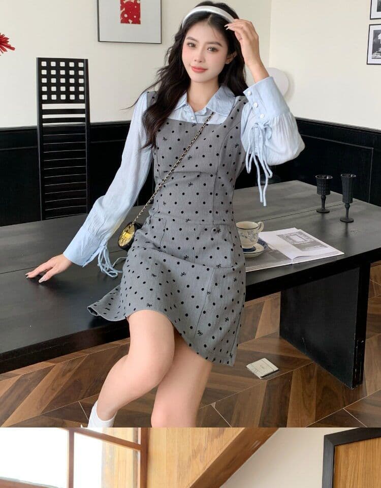 빅 사이즈 마이크로 지방 페이크 레이어드 도트 무늬 여성 드레스 봄 새로운 긴팔 조끼 스커트 지방 mm 표지 배 슬림해 보이는 치마 상세 이미지 13