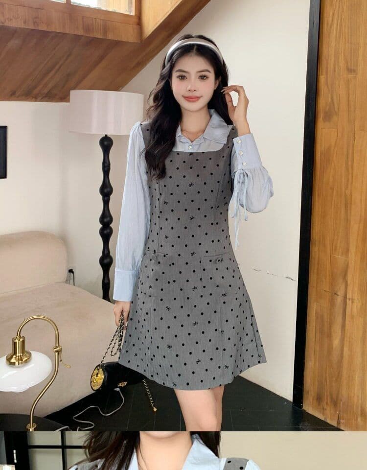 빅 사이즈 마이크로 지방 페이크 레이어드 도트 무늬 여성 드레스 봄 새로운 긴팔 조끼 스커트 지방 mm 표지 배 슬림해 보이는 치마 상세 이미지 14