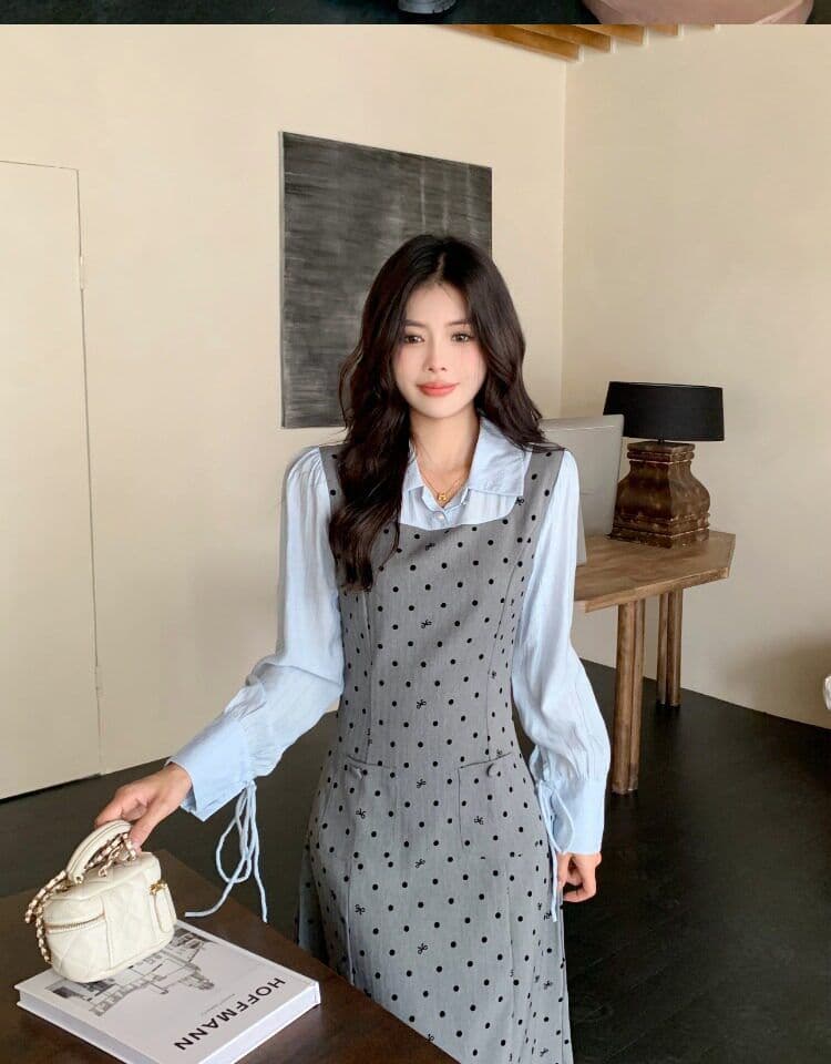 빅 사이즈 마이크로 지방 페이크 레이어드 도트 무늬 여성 드레스 봄 새로운 긴팔 조끼 스커트 지방 mm 표지 배 슬림해 보이는 치마 상세 이미지 17