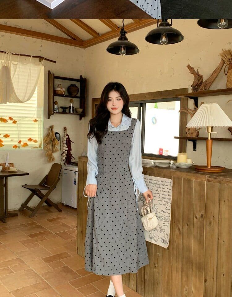빅 사이즈 마이크로 지방 페이크 레이어드 도트 무늬 여성 드레스 봄 새로운 긴팔 조끼 스커트 지방 mm 표지 배 슬림해 보이는 치마 상세 이미지 18