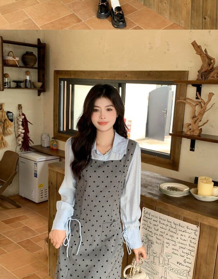 빅 사이즈 마이크로 지방 페이크 레이어드 도트 무늬 여성 드레스 봄 새로운 긴팔 조끼 스커트 지방 mm 표지 배 슬림해 보이는 치마 상세 이미지 19