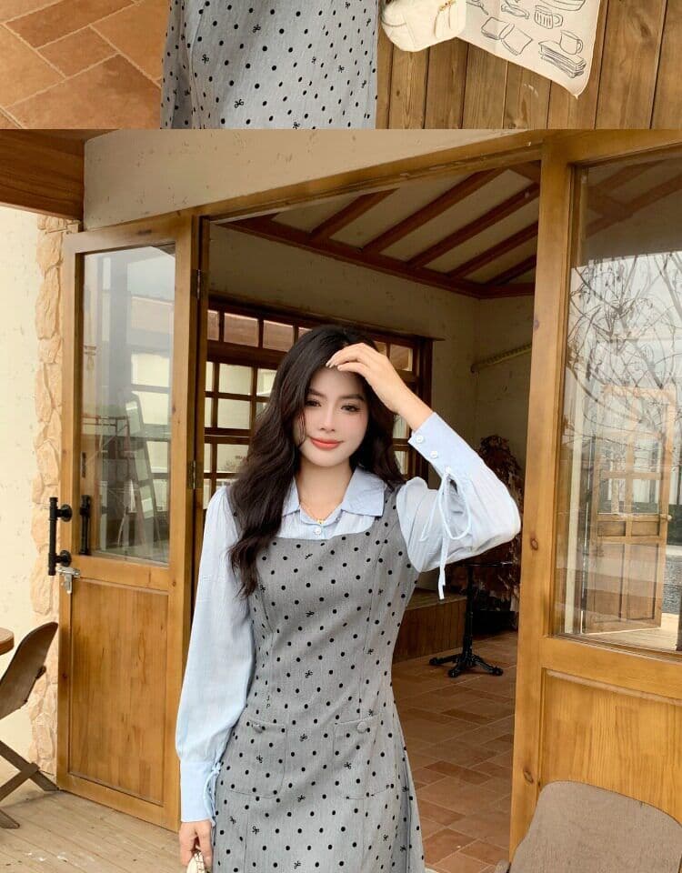 빅 사이즈 마이크로 지방 페이크 레이어드 도트 무늬 여성 드레스 봄 새로운 긴팔 조끼 스커트 지방 mm 표지 배 슬림해 보이는 치마 상세 이미지 20